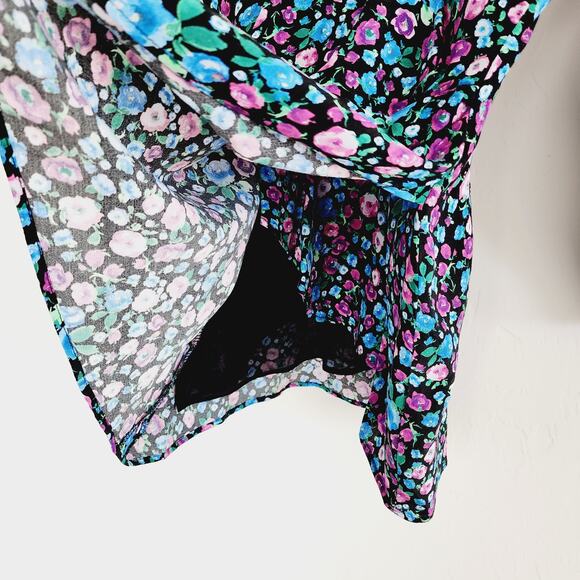 Zara Floral Print V-Neck Satin Effect Wrap Mini Dress Blue Pink Purple XS - Picture 5 of 7